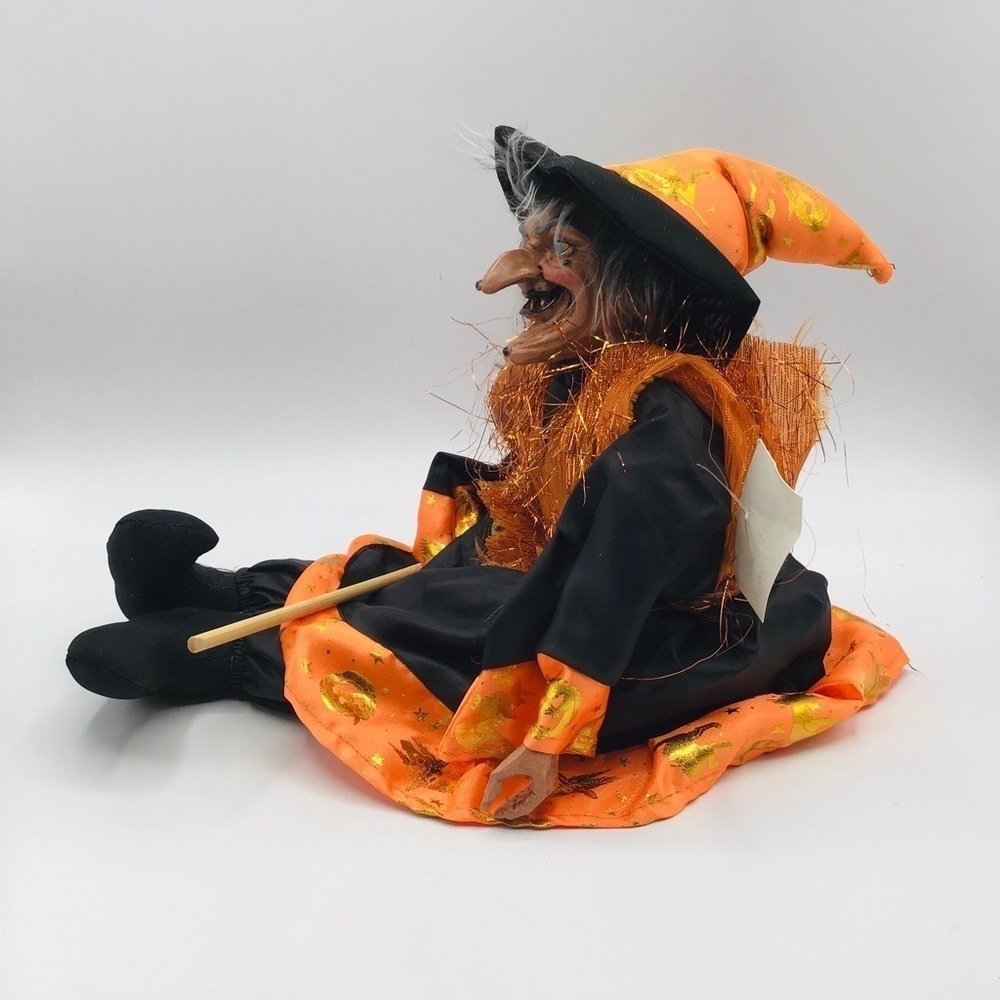 Halloween Witch 13” Doll Figure Whimsy Shelf Sitter Black Orange Dress Broom - Picture 5 of 8